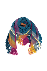 Triangular cashmere scarf with vibrant colors and fringes, perfect for adding a touch of luxury to any outfit.