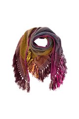 Triangular cashmere scarf with vibrant colors and fringe details, showcasing style and luxury.