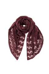 Burgundy cashmere scarf with lace patterns, perfect for adding a touch of luxury to any outfit.