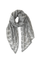 Sciarpa in cashmere traforata grigia con trasparenze sofisticate e morbidezza avvolgente, un tocco di lusso.