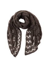 Luxe cashmere scarf featuring intricate lace design and soft texture in a sophisticated dark color.
