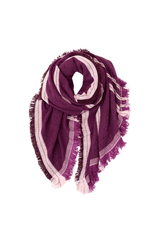 Purple cashmere scarf with pink stripes and fringe, showcasing Italian craftsmanship and elegance.