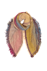Colorful cashmere scarf with fringes and contrasting borders, showcasing Italian craftsmanship and style.