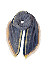 Elegant cashmere scarf with contrasting fringes, showcasing Italian craftsmanship and unique macro pattern.