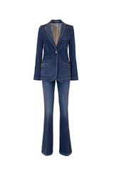 Stylish denim blazer and flared pants set, showcasing versatility and sophistication in fashion.