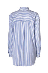 Back view of a striped blue and white oversized shirt with Italian collar, showcasing a minimalist design.
