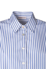 Minimal chic blue and white striped over shirt with Italian collar and button details.