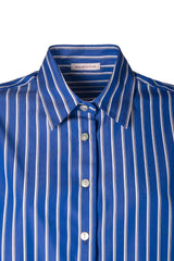 Blue striped over shirt with Italian collar, featuring a minimal chic design and elegant button details.