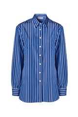 Blue and white striped oversized shirt with Italian collar and button front, showcasing minimal chic style.