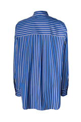Back view of a blue and white striped oversized shirt with a classic collar, perfect for a minimalist chic style.