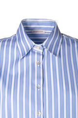 Blue-striped over shirt with Italian collar, featuring a minimal chic design for effortless elegance.