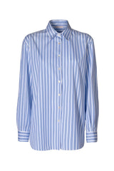 Blue and white striped oversized shirt with Italian collar, embodying minimal chic elegance.
