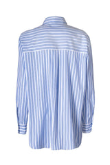 Back view of CAMICIA OVER RIGATA, an elegant blue striped oversized shirt with Italian collar.