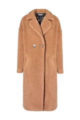 Cappotto Orsetto: teddy coat in camel color, oversized design with double buttons and side pockets, perfect for stylish warmth.