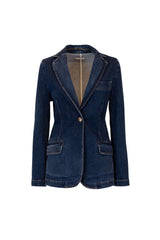Tailored denim blazer for women, perfect for adding sophistication to any outfit.