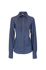 Denim shirt with pleated yoke, tailored details, and logo embroidery for a contemporary style.