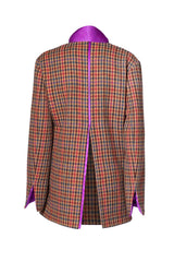 Back view of stylish over-sized double-breasted jacket with high slit and vibrant purple collar.