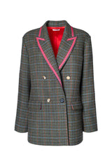 Double-breasted oversized blazer with plaid pattern, featuring pink trims and a vibrant red lining.