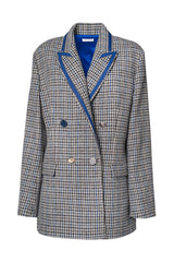 Double-breasted over blazer with check pattern and blue satin detail, featuring stylish buttons and relaxed fit.