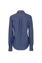 Back view of a classic denim shirt with pleated yoke and tailored details.