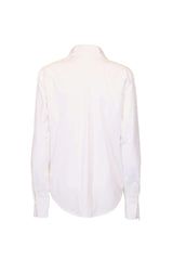 Back view of elegant white cotton shirt with pleated yoke and distinctive logo detailing.