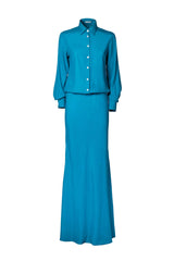 ABITO CHEMISIER SETA in teal color, featuring a buttoned shirt top and a long skirt for a stylish and comfortable look.