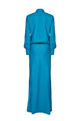 Back view of a feminine blue satin chemisier dress, showcasing elegant silhouette and comfortable design.
