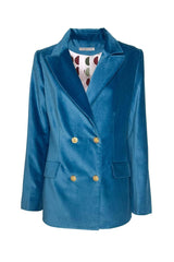 Elegante giacca doppio petto in velluto liscio blu con bottoni dorati, perfetta per occasioni speciali.