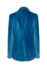 Back view of a sophisticated light blue velvet double-breasted jacket, showcasing its elegant design and structure.