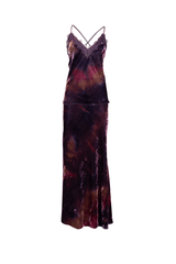 Elegant sleeveless velvet gown in rich purple and burgundy with a flowing silhouette and lace detailing.