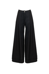 PANTAGONNA COTONE, ampio pantalone nero con risvolto, design elegante e confortevole per donne moderne.