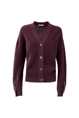 Elegant 100% cashmere cardigan in deep burgundy with button closure and ribbed texture.