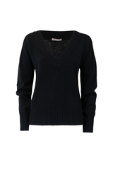 Loose-fit black cashmere sweater with a wide V-neck and ribbed hem for a relaxed yet elegant style.