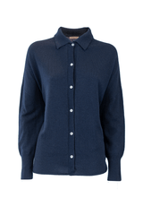 Elegant navy cashmere shirt with button closure and classic collar, perfect for luxurious comfort.