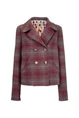 Peacoat with houndstooth pattern in burgundy and grey, featuring double-breasted buttons and unique linings.