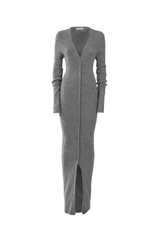 Elegant gray cashmere mermaid dress with long sleeves and a thigh-high slit.