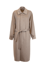 Elegant trench coat in beige checkered pattern with belted waist and classic collar.