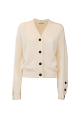 Elegant ivory cashmere cardigan with buttons, featuring a soft texture and ribbed design for stylish comfort.