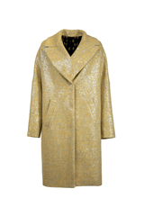 Elegant gold boucle coat with sequins, featuring a relaxed fit and stylish design, perfect for any occasion.