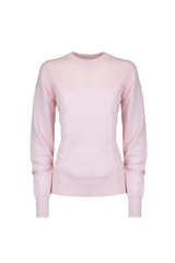 Soft pink cashmere crewneck sweater, 100% cashmere for luxurious everyday elegance.