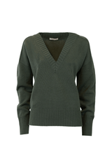 Loose fit cashmere sweater in dark green with wide V-neck and ribbed cuffs, perfect for a relaxed yet elegant style.
