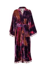 Elegant kimono robe in rich purple and orange velvet with printed lining and tassel details.