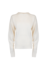 Back view of a cream-colored cashmere crewneck sweater with loose fit and ribbed sleeves.