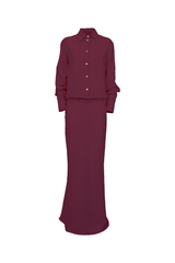 Elegant burgundy velvet chemisier dress with a soft silhouette and knee-length skirt.