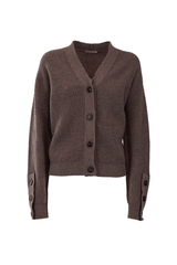 Elegant brown cashmere cardigan with a textured finish and button details, perfect for stylish comfort in every season.