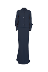 Elegant navy blue velvet chemisier dress with a soft line and a flared skirt for a feminine fit.