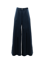 Wide-leg navy blue cotton pants with a cuff and button closure, designed for a comfortable and elegant fit.