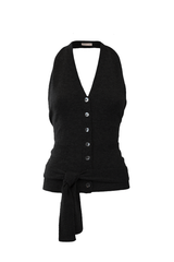 Elegant black cashmere gilet with a halter neckline and tie detail, showcasing feminine style and sophistication.