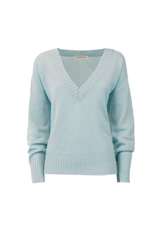 Light blue cashmere sweater with wide V-neck and loose fit for a relaxed, refined look.