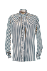 Camicetta coreana a righe in cotone, con dettagli arricciati e rouche per un look elegante e femminile.